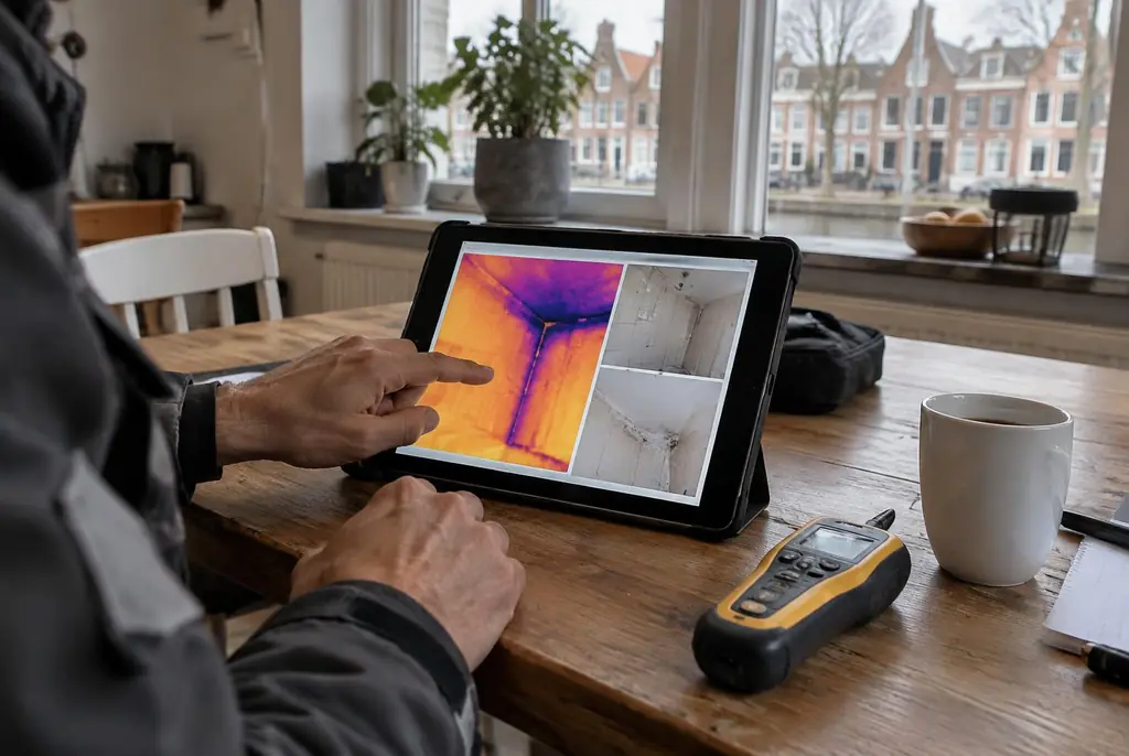 Lekdetectie Barneveld – lekdetectierapport met warmtebeelden en foto's op een tablet