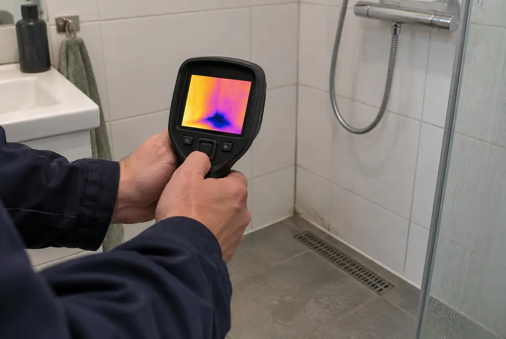 Lekdetectie Barneveld – lekdetectiespecialist met warmtebeeldcamera in een badkamer