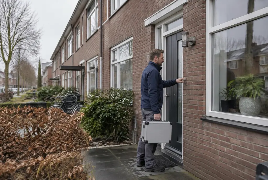 Lekdetectiespecialist met meetkoffer bij de voordeur van een woning in Barneveld